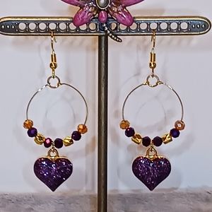 Handmade Earrings Purple heart charm with crystals on goldplated wire ring